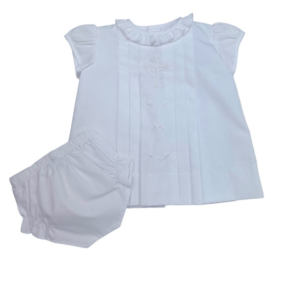 NWT Proper Peony White Pleat Embroidered French Knot Cross Dress & Bloomer 6m - Picture 1 of 11